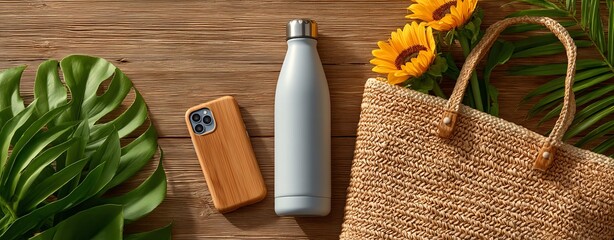 Remote work summer essentials Stylish eco-friendly essentials on a wooden table. Creative summer journaling ideas