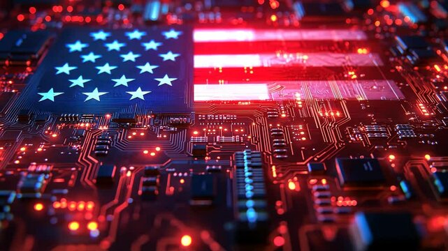 Glowing U.S. flag integrated into a high-tech circuit board, symbolizing American technology, innovation, and digital infrastructure.