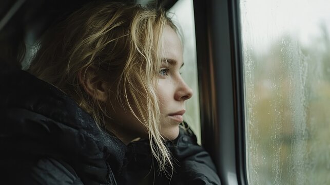 Sad Woman Looking Out Rainy Window - Melancholy, Depression, Loneliness