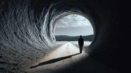 Mans shadow casts long as he approaches wormhole entrance during twilight hours