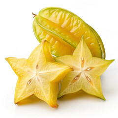 Fototapeta premium Fresh Whole and Sliced Star Fruit on White Background