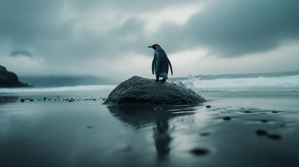Obraz premium AI generator image of Lost Antarctic Emperor Penguin Washed Ashore,Lost Penguins Arrive on Ocean Beach