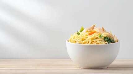 Close-up of a white bowl filled with steaming hot instant ramen noodles topped with green onions and vegetables on a light wooden surface against a plain white background