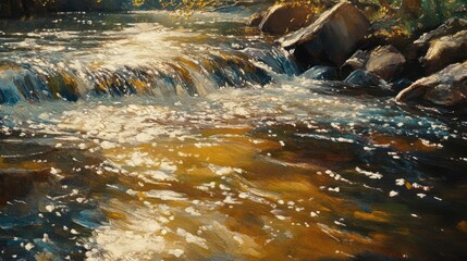 Sunlit stream cascading over rocks, creating ripples and reflections