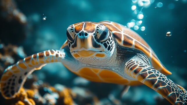 Close-up of a sea turtle swimming underwater, showcasing its intricate shell pattern and calm expression.