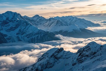 Obraz premium Cloud sea blankets snow capped mountains during twilight hours in stunning landscape