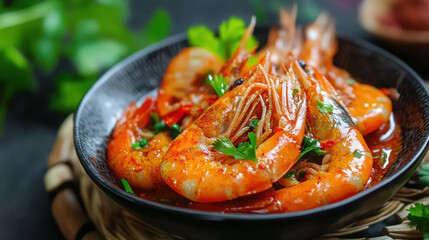 A black bowl of shrimp with a garnish of parsley