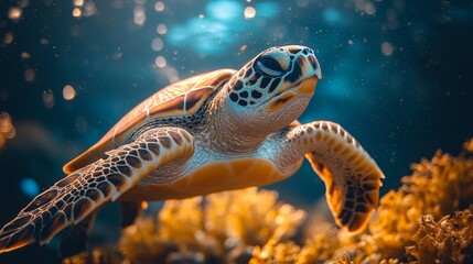Obraz premium Close-up of a sea turtle swimming in vibrant coral reef.
