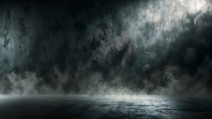 The Dark Atmosphere of a Smoky Room Enhanced by a Dramatic Fog and Subtle Mist Effect on a Black Background.