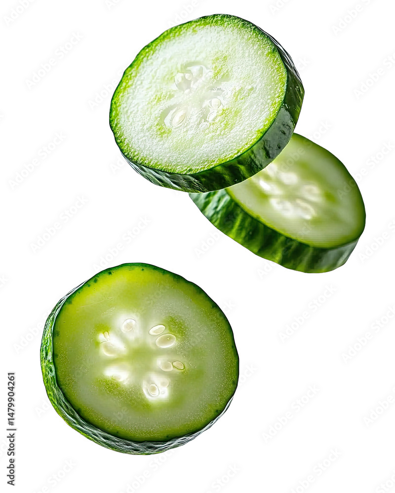 Poster three slices of fresh cucumber floating in mid-air against a transparent background the slices are a