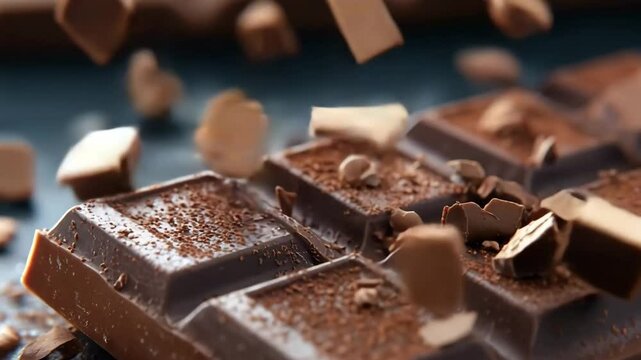 Dark chocolate bar with broken pieces.