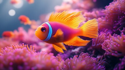 Obraz premium Vibrant orange and pink clownfish swimming amidst coral reef.