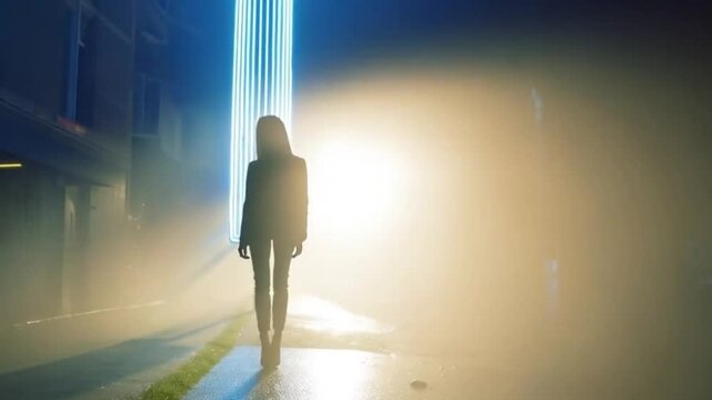 Frau vor Neonkreuz mit flackerndem Licht