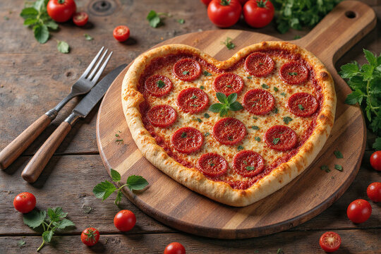 heart shaped pizza sitting on top of a wooden cutting board