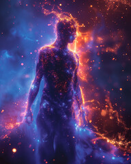 A human silhouette surrounded by swirling cosmic energy and stars, deep blue and purple tones