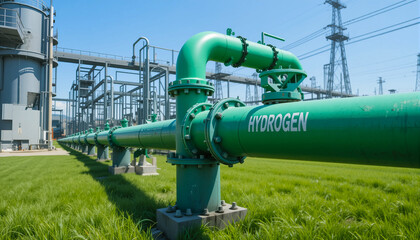 Hydrogen-labeled green pipe installation in open industrial setting with grass, power lines, and steel frameworks