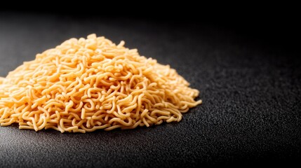Fototapeta premium Close-up of uncooked dry instant ramen noodles on black surface with detailed texture and golden color, emphasizing food preparation and snack ingredients
