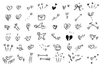 Doodle texture ink and brush lines - comic icons vector hand drawn simple set of various heart expressions落書きテクスチャーインクやブラシの線ー色々なハート表現のコミックアイコンベクター手描きシンプルセット