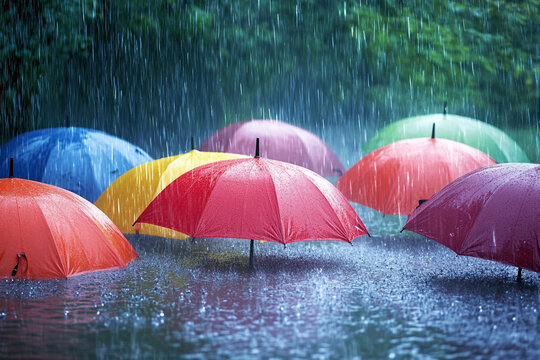 Colorful umbrellas in a heavy downpour flood scene