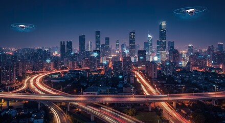 Futuristic city skyline with drones and highway traffic at night scene