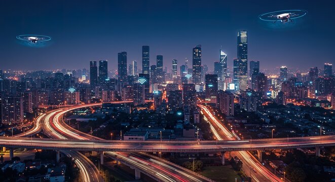 Futuristic city skyline with drones and highway traffic at night scene