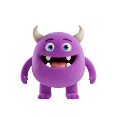 Fototapeta premium Adorable Purple Cartoon Monster with Horns, Big Smile and Colorful Sprinkles, 3D Rendered Fun Character Illustration