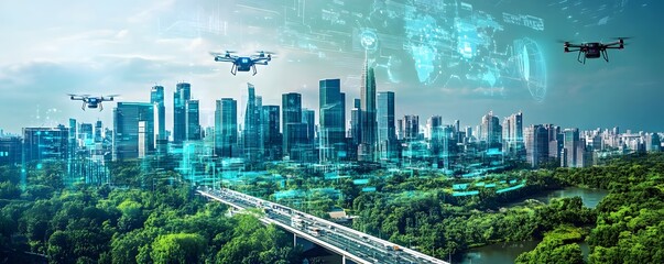 Naklejka premium Aerial view of a futuristic city with drones.