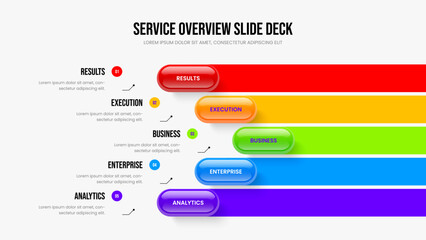 Enterprise Briefing Five Element Diagram Slideshow Design. Project Visualization 5 Option Infographic Frame Template. Market Growth Slide Layout Vector Illustration.
