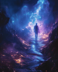A human silhouette surrounded by swirling cosmic energy and stars, deep blue and purple tones