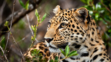 Fototapeta premium A spotted feline predator, a leopard, a wild animal in the forest, exhibits its fur