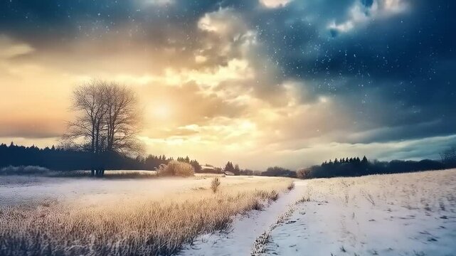 Serene Winter Landscape: Snowfall Over Field with Golden Sky Hues and Silhouette Trees