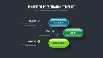 Market Launch Frame Design Vector Illustration. Enterprise Portfolio 3 Step Diagram Slide Layout. Creative Solution Three Option Infographic Slideshow Template.