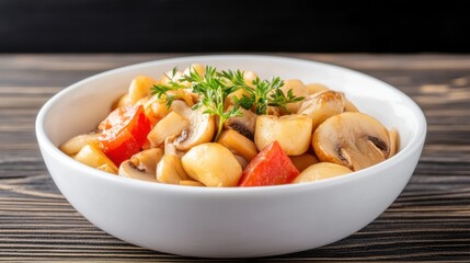 Freshly prepared hearty vegetable and chickpea stew with mushrooms carrots and herbs served in a white bowl on wooden surface perfect for healthy meals