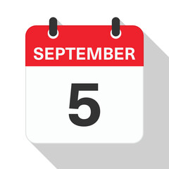September 5 Daily Calendar. Red Theme on White Background