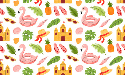 Beach seamless pattern. Summer background. Tropical vacation. Flamingos, sandcastle, pineapple, tropic leaves, beach accessories. Hand drawn vector illustration