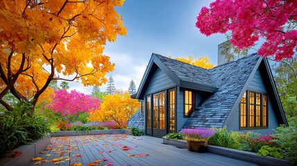 Asphalt Shingle Roof with Autumn Trees, detailed view of gray shingles contrasting against vibrant fall foliage under a bright blue sky, showcasing seasonal beauty and craftsmanship
