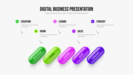 Marketing Launch Presentation Layout Vector Illustration. Modern Strategy Five Element Infographic Slideshow Template. Enterprise Insight 5 Option Diagram Frame Design.