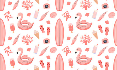 Naklejka premium Cute pink beach seamless pattern. Summer background. Tropical vacation. Travel, beach, summertime accessory. Hand drawn vector illustration