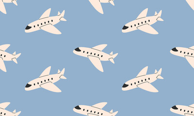 Seamless pattern with flying airplanes. Travel background. Hand drawn vector illustration