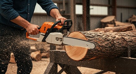 Man expertly cuts a log with a chainsaw, woodworking precision shown