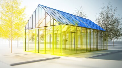 Obraz premium A modern glass structure with yellow and blue panels, situated outdoors amidst trees, bathed in sunlight