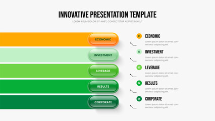 Market Profile Five Step Diagram Frame Layout. Project Solution 5 Element Infographic Slideshow Template. Visual Innovation Slide Design Vector Illustration.