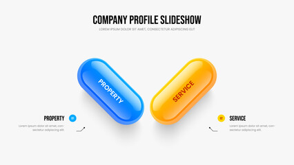 Visual Portfolio Two Option Diagram Frame Template. Corporate Overview 2 Step Infographic Slide Design. Business Proposal Slideshow Layout Vector Illustration.