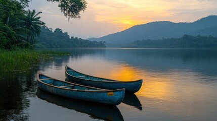 Tranquil lake scene at sunset. Two canoes rest peacefully on the water's edge, reflecting the golden light of the setting sun. Lush green foliage and hills frame the serene landscape