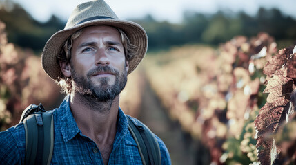 Winemaker walking through vineyard examining grape vines during harvest season