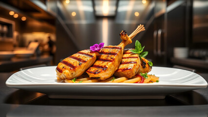 Luxurious Food Photography of Grilled Lemongrass Chicken Plate in Michelin Kitchen Style