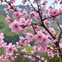 A close-up of delicate pink cherry blossoms blooming on tree branches during spring, with a soft-focus background of green hills and cloudy sky. Tranquil and natural atmosphere.