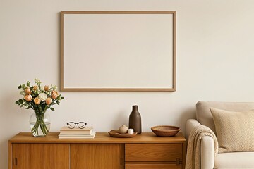 Living Room Interior Cozy Stylish Mockup Poster Wooden Console