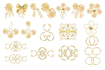 Gold vibrant collection of curls, bows, ribbons, hand-painted in watercolor with gold paint accents. Isolate elements are presented for decorating and designing textiles, interior, wallpaper, prints