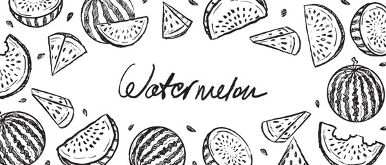 Watermelon frame with whole, sliced and pieces in black brush stroke texture isolated on white. Hand drawn vector sketch illustration in vintage charcoal ink. Summer berry design, juicy fruit